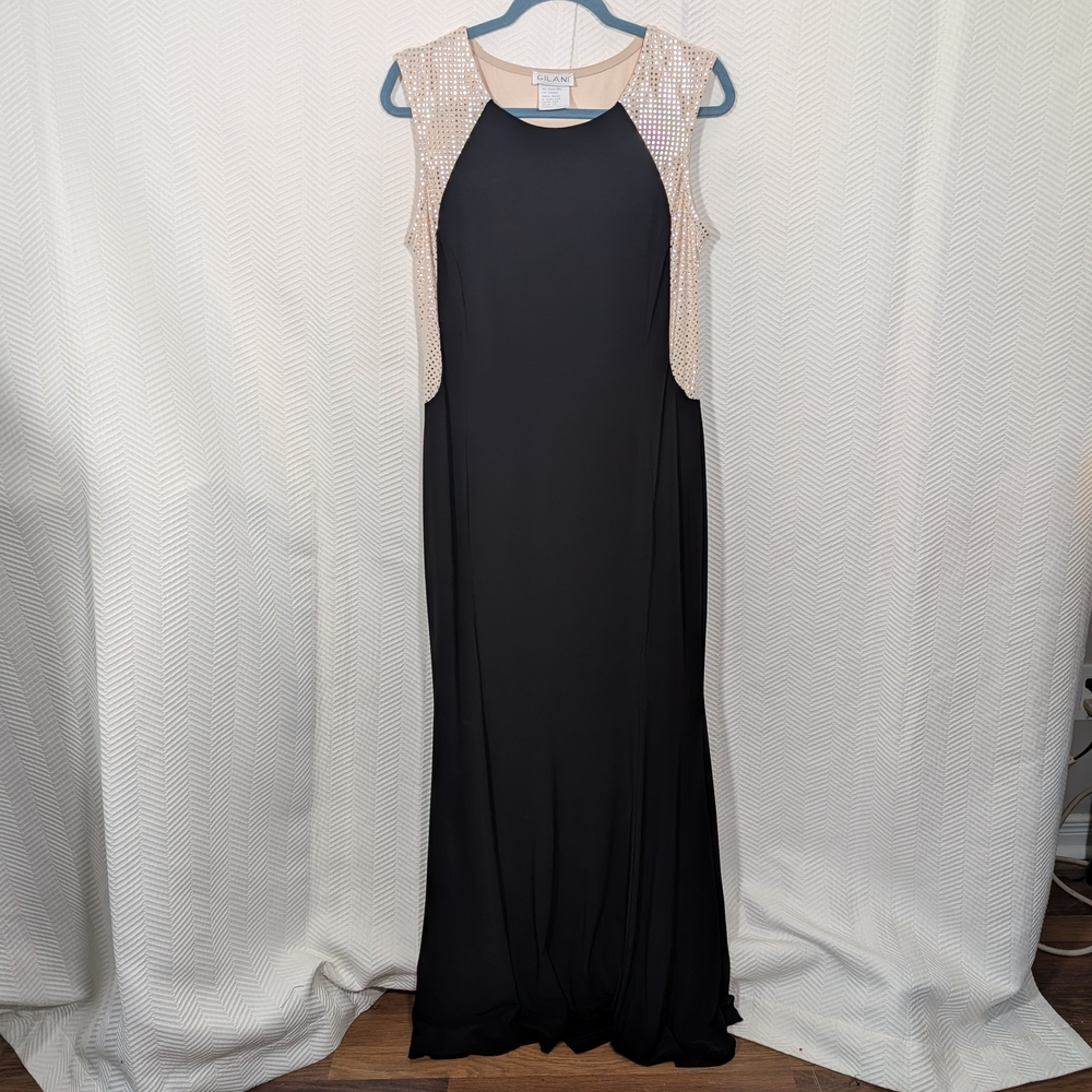 Vintage Gilani Evening Gown Black & Cream Metallic Dots Size 10 Formal Wedding